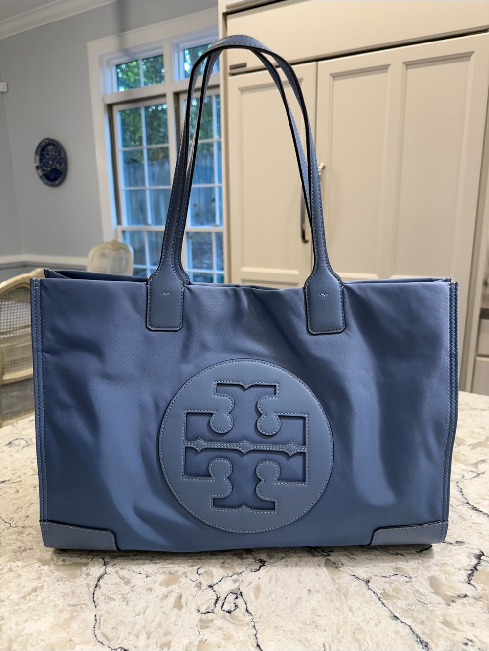 Tory Burch Ella Nylon Tote Bag Light Blue Slate Double T Logo